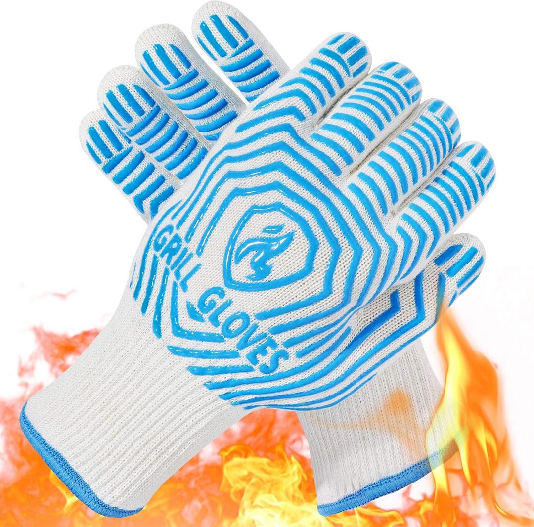 QUWIN BBQ Gloves, Oven Gloves 1472 Extreme Heat Resistant, Grilling Gloves Silicone Non-Slip Oven Mitts, Kitchen Gloves for BBQ, Grilling, Cooking, Baking-1 Pair (Blue, One Size Fits Most)