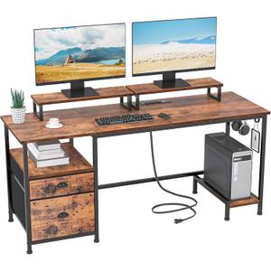 Furologee 55" Computer Desk with File Cabinet and Power Outlets, Home Office Desk with 2 Movable Monitor Stands and Storage Drawer, Writing Table with Shelves and 2 Hooks for Bedroom, Rustic Brown