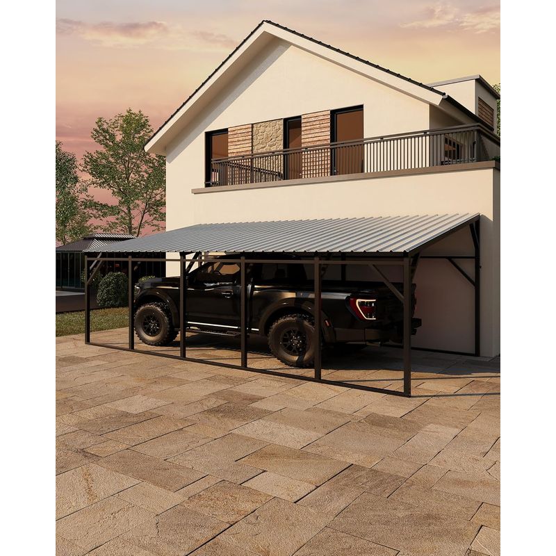 Garvee 12x25 ft Lean-to Metal Carport, Vertical Roof Wall-Mounted