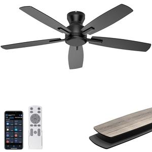 Ohniyou 52 Inch Ceiling Fan No Light, Low Profile Ceiling Fan with Remote and App Control, Flush Mount Ceiling Fan without Light for Bedroom Living Room Covered Patios, Quiet DC Motor, Black