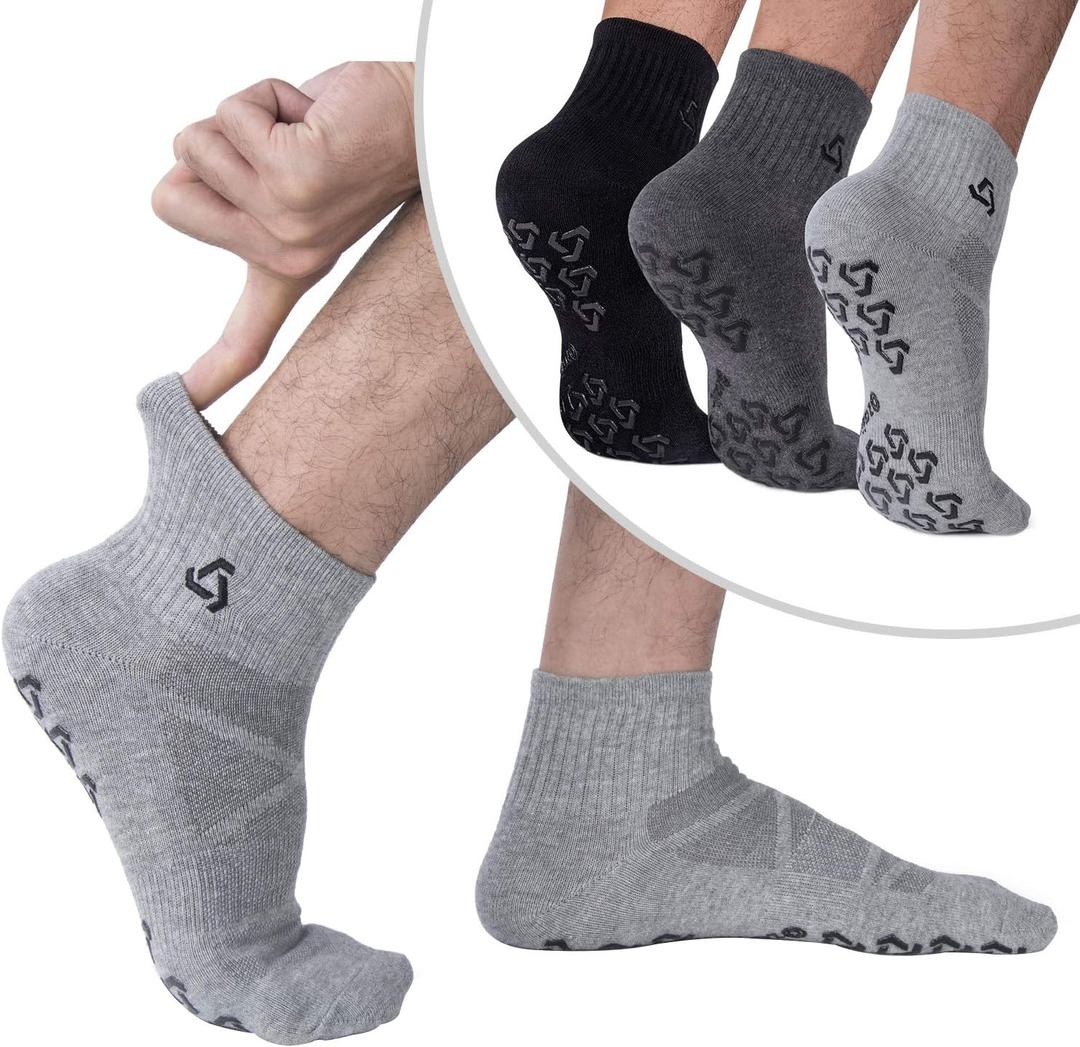 Ozaiic Non Slip Socks Grip for Yoga Home Workout Pure Barre, Pilates, Hospital, Ideal Cushion Socks for Men and Women (Large, 3 Pairs - Black/Grey/Dark Gray)