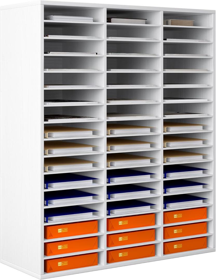 Mail Sorter Wood Literature Organizer, Student Mailbox for Classroom, Desktop Bill Paper Organizer for Office Home School, 48 Compartments, Black (31.5" x 12" x 37.8", White)