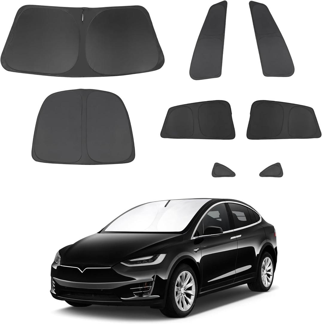 8PCS Windshield Sun Shade Custom Fit for 2016-2024 2025 Tesla Model X Accessories Foldable Sunshade Side Rear Window Shade Cover Full Set Privacy Protection Keeps Car Cool