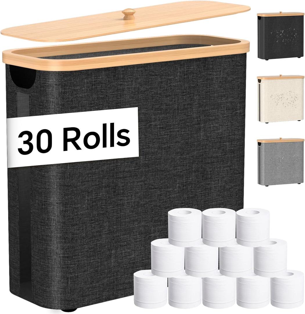 Toilet Paper Storage with Bamboo Lid, 33.8L Foldable Toilet Paper Basket Organizer Holder for up to Regular 30 Rolls Or 12 Mega Rolls, Waterproof Free Standing Toilet Paper Holder for Bathroom, Black