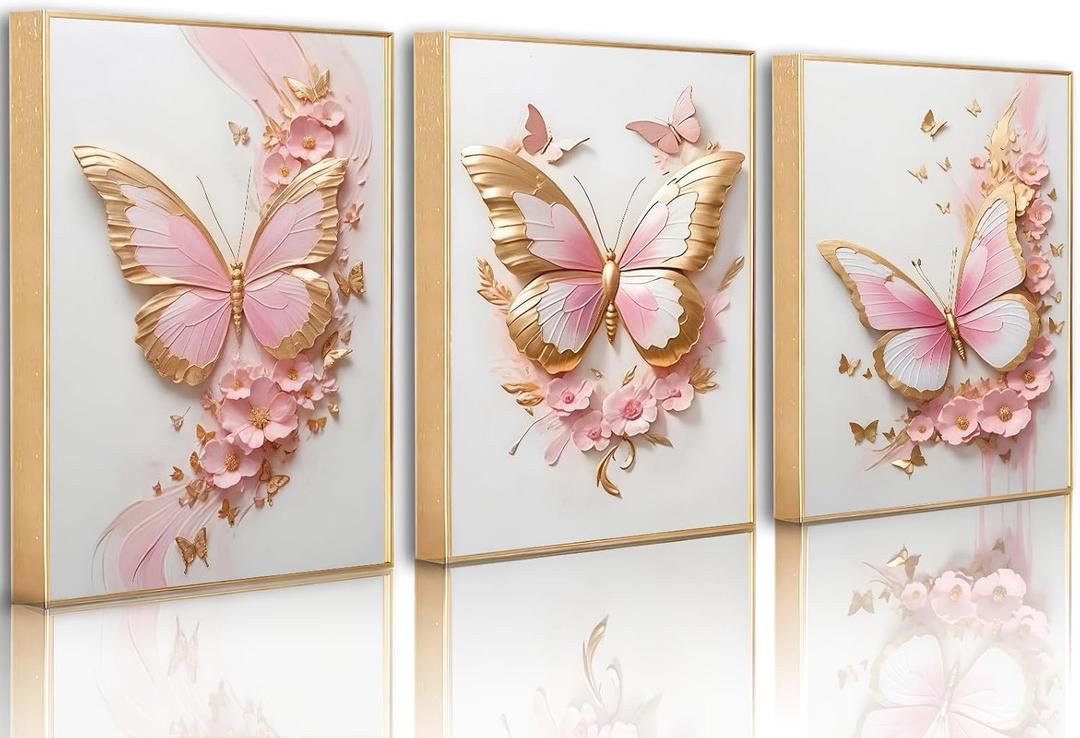 ACWOWO Pink and Gold Butterfly Floral Canvas Print Gold Frame Wall Art, 24"Lx16"W-Metal Framed