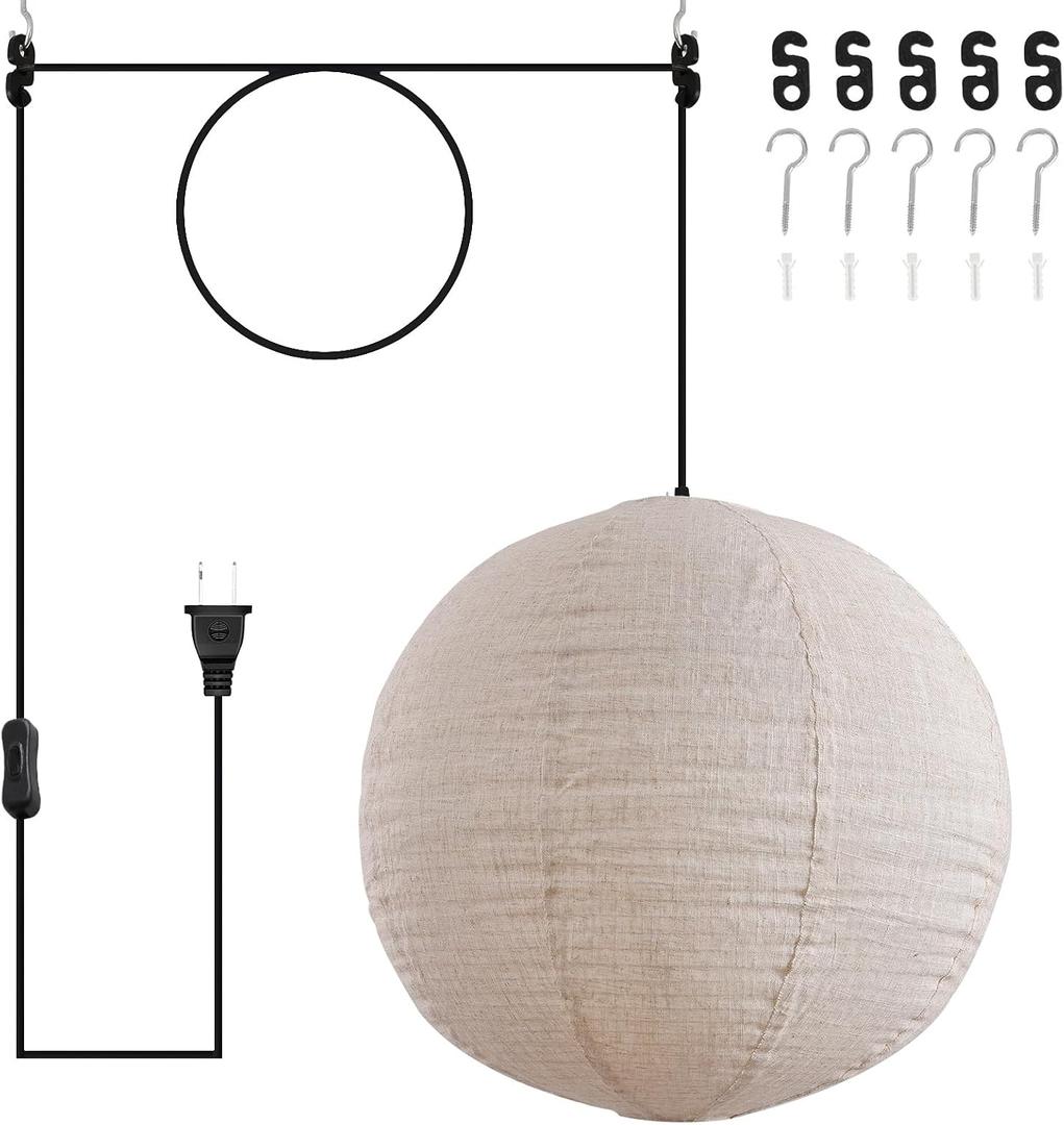 Plug in Hanging Lamp Lantern Linen Pendant Light 20in Off-White | Large Japanese Japandi Wabi Sabi Lantern Hanging Lamp Chandelier for Living Dining Room Bedroom Rented Apartment 1 Pack