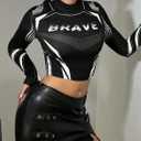 SweatyRocks Women's Graphic Long Sleeve Shirts Y2k Mock Neck Crop Racing Shirt Streetwear (Multicolor)