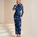 XinFSh Women's Spring Long Sleeve Wedding Guest Maxi Dress Mesh Ruched Bodycon Formal Cocktail Dresses (Blue, M)