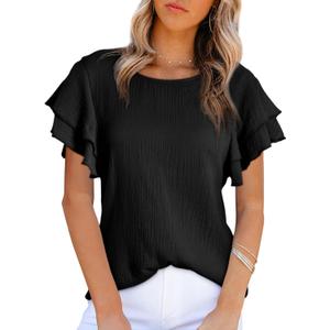 Dokotoo Womens Tops Ruffle Short Sleeve Crewneck Shirts Solid Casual Loose Babydoll Blouses (Small, Black)