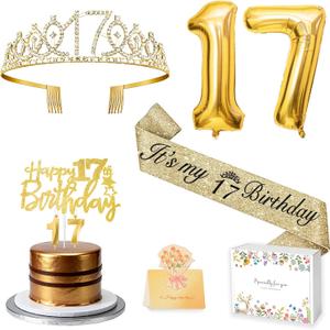 17th Birthday Decorations for Girls with 17th Birthday Sash and Crown, Number Balloons, Birthday Card, Cake Topper and Candles, 17 Year Old Girl Gifts for Her, Gold