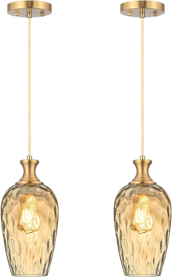 Glass Pendant Lights Kitchen Island 2 Pack, Gold Vintage Pendant Light Fixtures with Hand-Blown Hammered Amber Glass, Farmhouse Modern Brass Hanging Light for Kitchen Sink Dining Room Bedroom