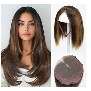 challeam Lace Front Hair Toppers with Band for Women 5.5x4 Precut Closed Lace Hairline Synthetic Straight Hair Wear and Go Glueless Toppers for Beginners Chestnut