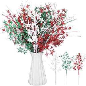 24 Pcs Artificial Christmas Berry Stem Picks Star Picks Faux Floral Berry Spray Branches Christmas Table Centerpiece Home Office Vase Filler Decoration (Red,White,Green)