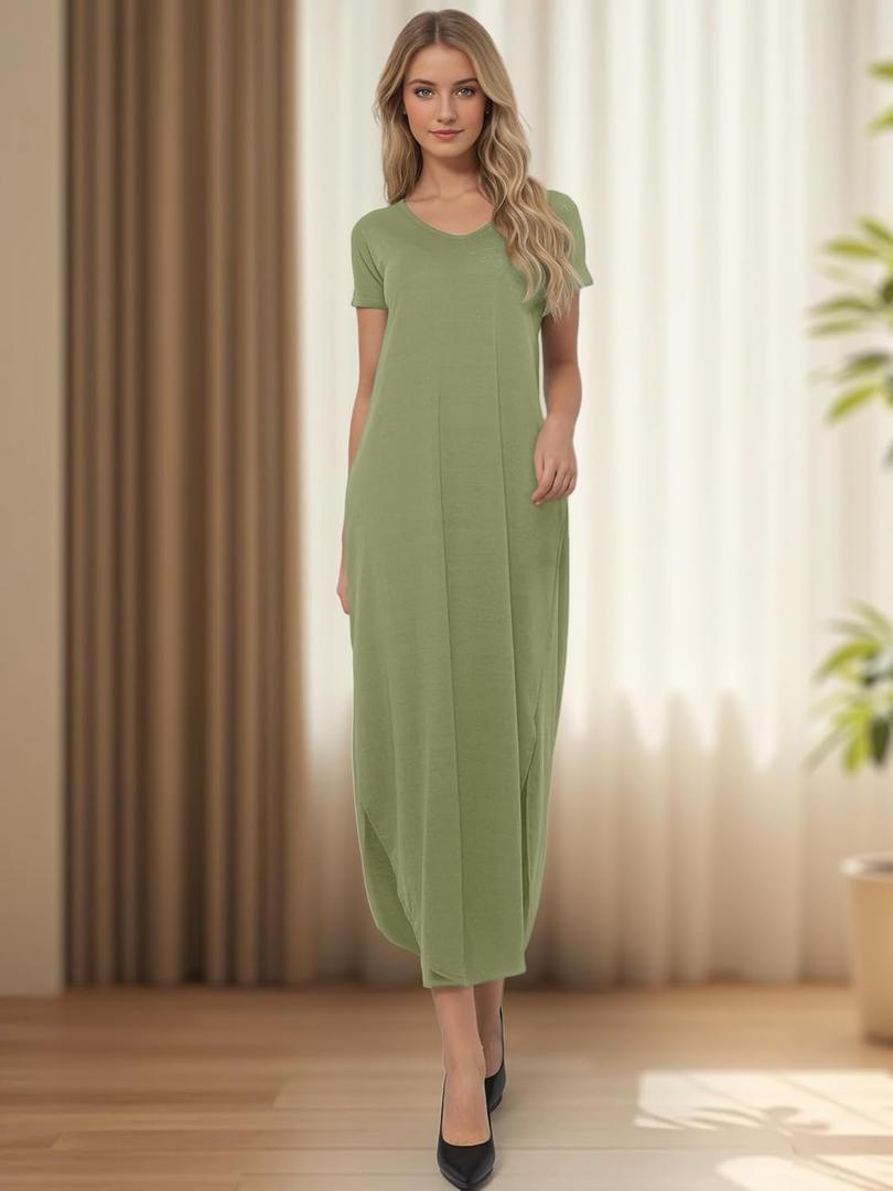 Women's Comfortable Casual Short Sleeve Maxi V-Neck Long Dress (Green, XXL)