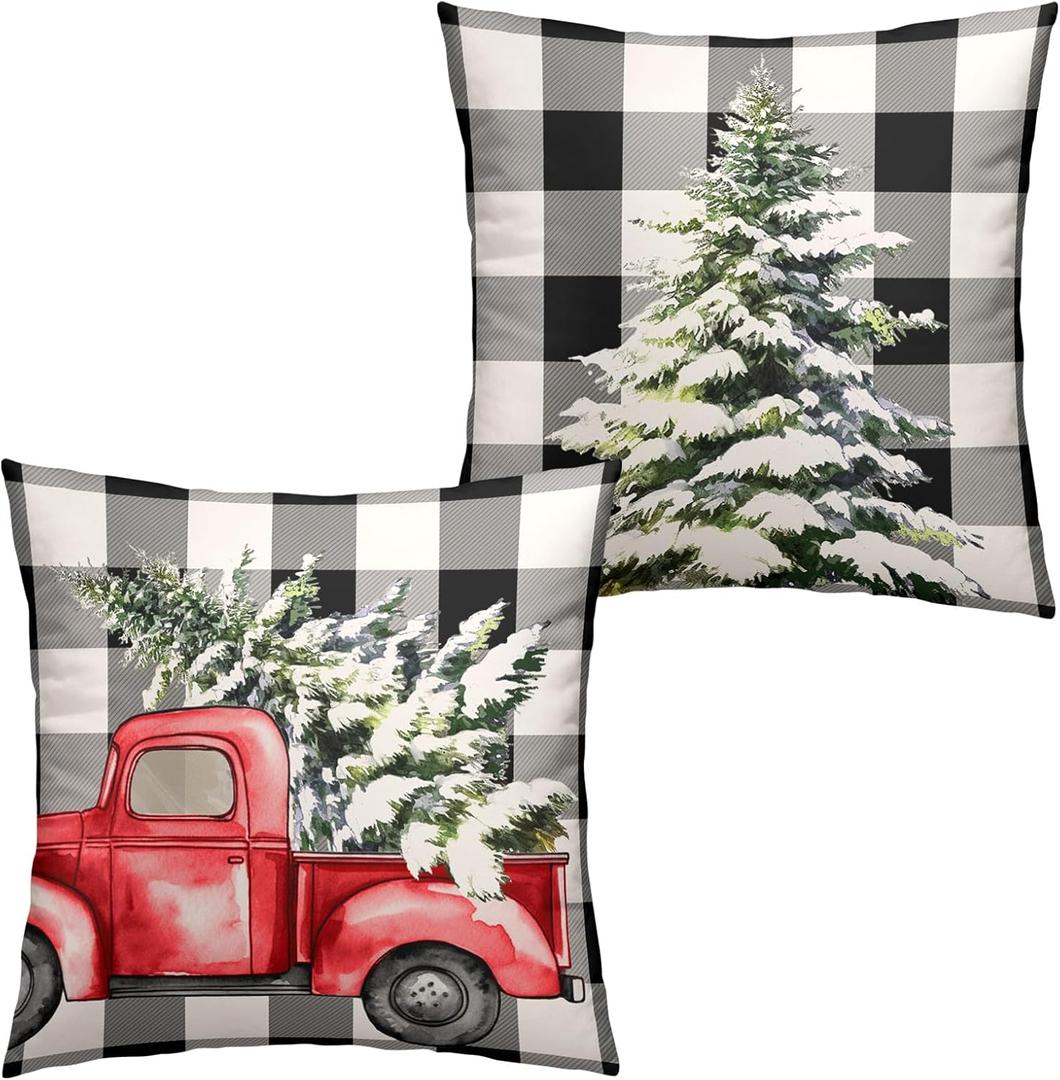 Christmas Pillow Covers 22 x 22 Set of 2 Buffalo Plaid Throw Pillow Cases Christmas Tree Red Truck Cushion Cover Xmas Black and White Check Pillow Cover for Outdoor Couch Patio Decor