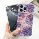 OOK Oil Painting Phone Case for iPhone 16 Pro Max Laser Glossy Cute Oil Painting Flower Pattern Curly Waves Bumper Design Soft Protective Cover for Girls Women Purple