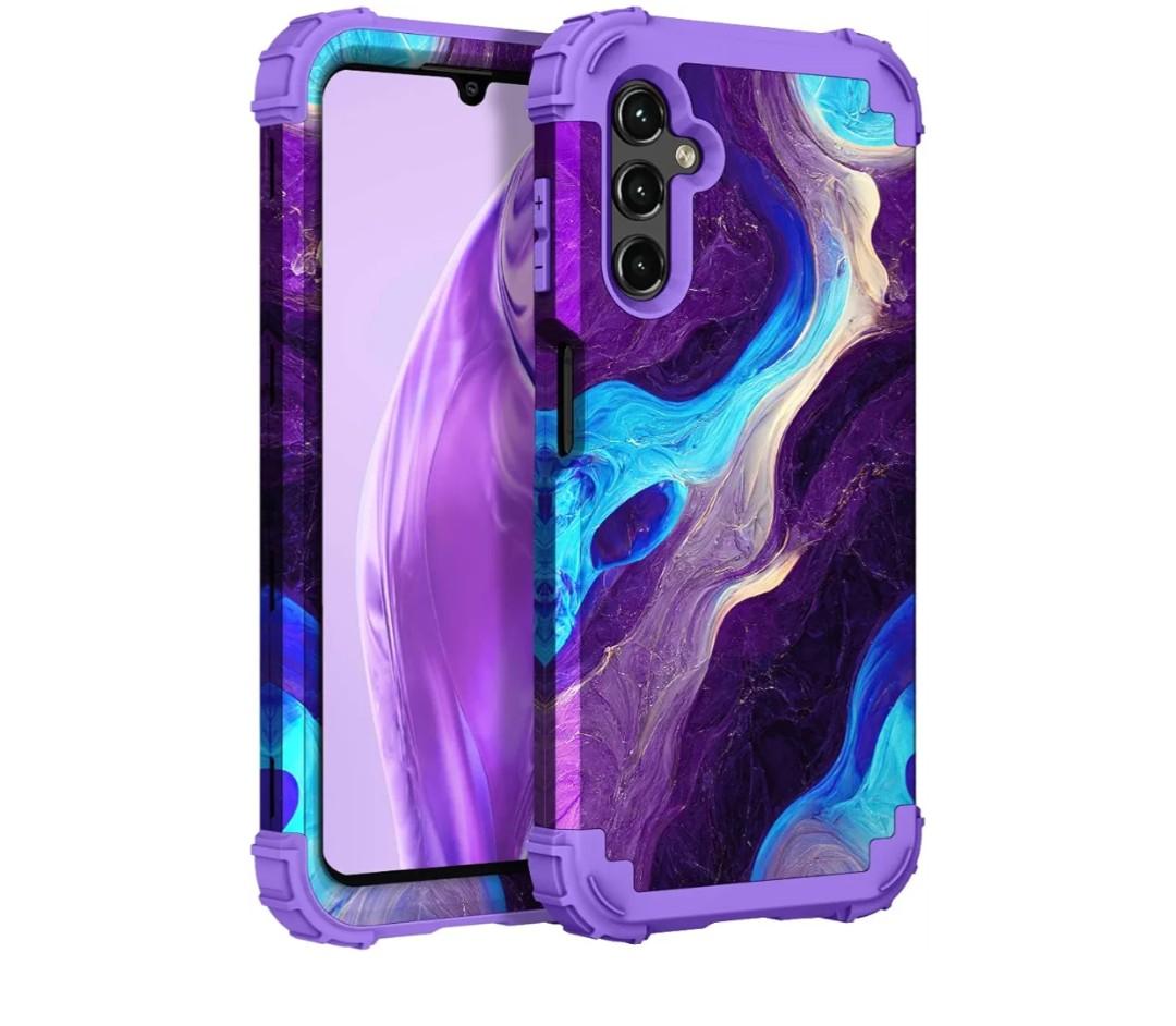 Hocase for Galaxy A14 5G Case, Heavy Duty Shockproof Protection Soft Silicone Rubber Bumper+Hard Plastic Hybrid Protective Case for Samsung Galaxy A14 5G (6.6" Display) 2023 - Blue Purple Marble