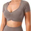 TAYOEA Crop Tops Workout for Women Yoga Short Sleeve Shirts Seamless V-Neck Gym T Shirts with Built in Pads (XS)