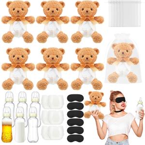 6 Set Bottle Chug Bear Baby Shower Games Brown Blindfolded Diaper Changing Games Kits Bottles Diapers Blindfold Eye Masks Bear Baby Shower Party Guest Gifts