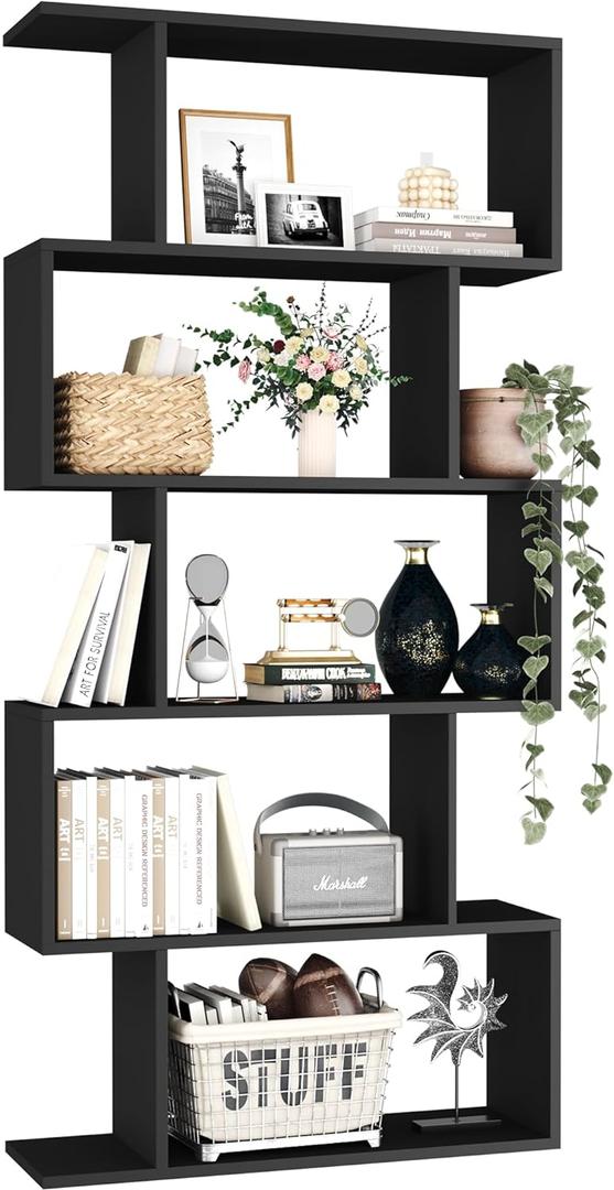 Yusong Bookshelf 5-Tier, Geometric Bookcase S Shaped Book Shelves for Bedroom, Modern Wood Decorative Display Shelf Book Case for Home Office, Black, 27.8"W x 9.5"D x 61.8"H