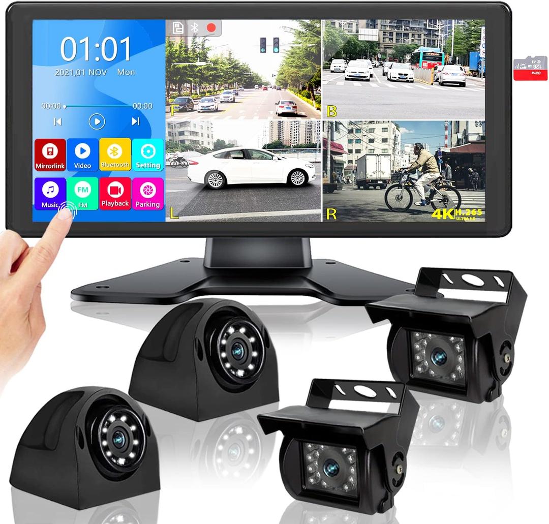 RV Backup Camera System with 10.36 4K Monitor for RV Truck Bus Trailer with 4 Rear/Side View 1080P HD Cameras 4 Splits Touch Screen DVR Recording IP69 Waterproof Bluetooth Music Video Avoid Blind