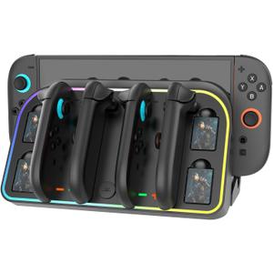 Wall Mount Charging Dock Station for Nintendo Switch 2,Controller Charging Dock Base with 7 RGB Light Modes and LED Charging Indicator,4 Game Card Slots, Black