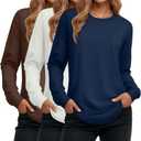 Ficerd 3 Pack Women's Long Sleeve Shirts, Cotton Crew Neck Tunic Tops Casual Loose Fit Pullover Sweatshirts Curved Hem Shirts (Medium, Red Brown, Warm White, Navy Blue)
