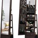 Swivel Full Length Mirror Jewelry Cabinet Standing With Built-In Mirror - 63.7H Lockable Storage Jewelry Armoire With Mirror Drawers 3 Storage Racks Christmas Gift for Women Brown