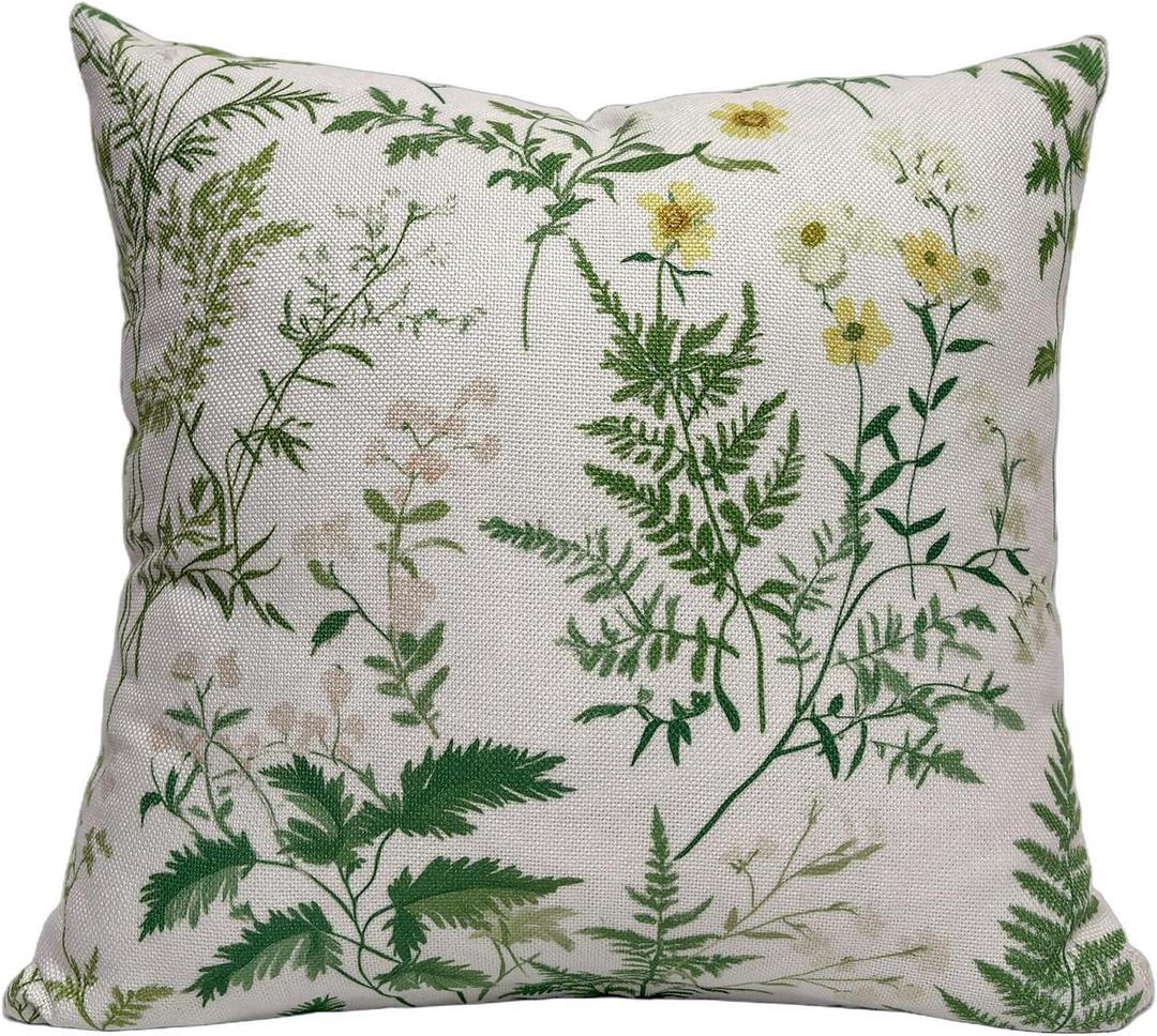 Green Floral Throw Pillow Covers 18x18 - Faux Linen Botanical Wildflower Decorative Cushion Case, Double Sided Farmhouse Spring Decor for Sofa Couch Living Room (1 Pack, No Insert)