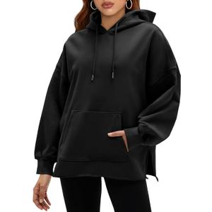 Fisoew Women's Hoodies Oversized Sweatshirts Casual Long Sleeve Side Slit Pullover Tops Fall Winter Outfits with Pocket (Black, XL)
