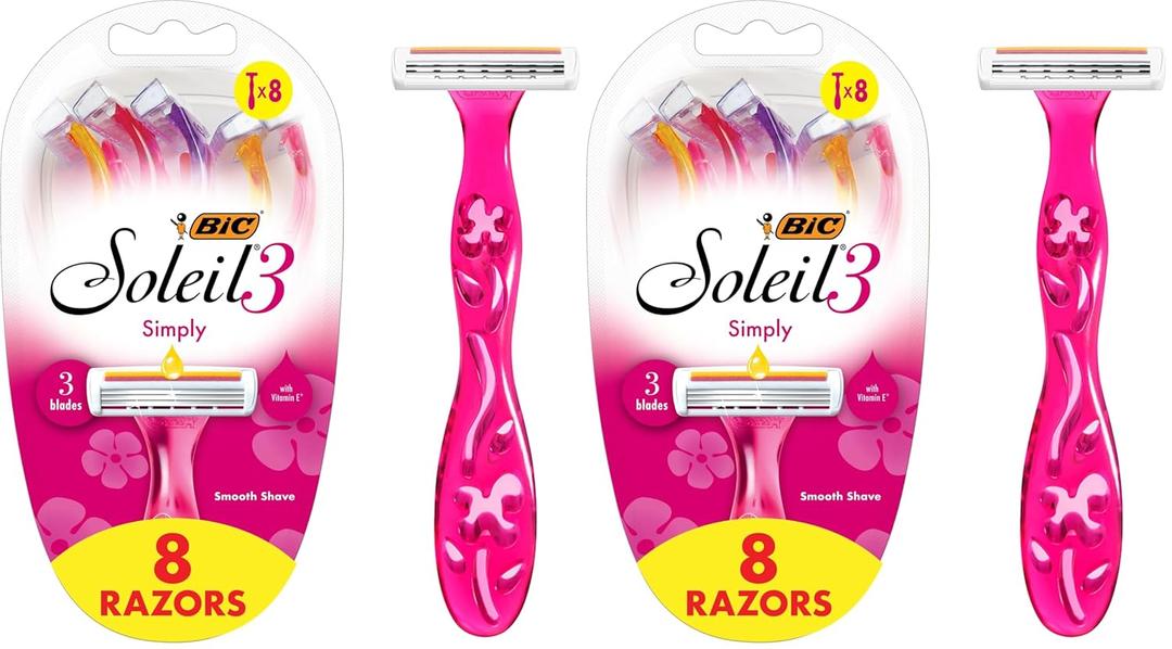 BIC Soleil Simply Smooth Women's Disposable Razors, 3 Blades With Moisture Strip For a Silky Smooth Shave, 8 Piece Razor Set (Pack of 2)