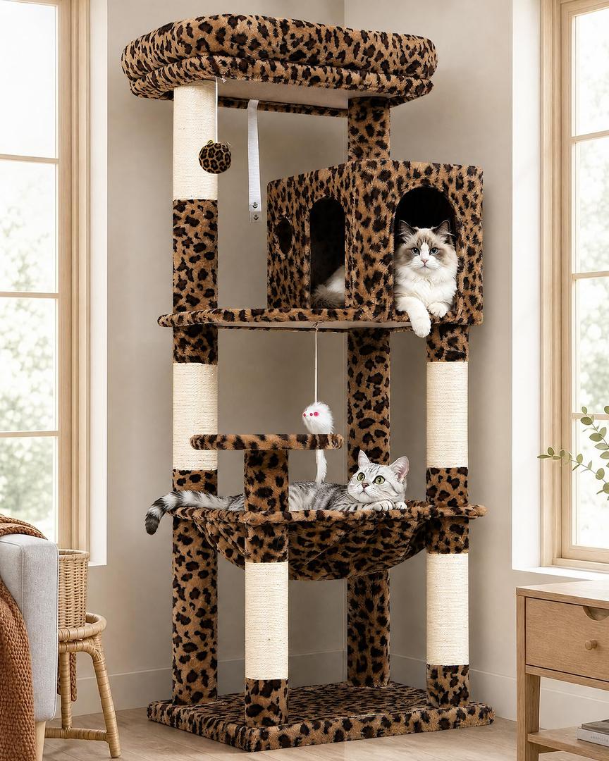 Globlazer Leopard Cat Tree Tower with Scratching Post for Indoor Cats, 53in Plush Multi-Level Cat Climbing Tower Condo House with Large Hammock, Spacious Cat Cave, Padded Top Perch, F53, Leopard Print