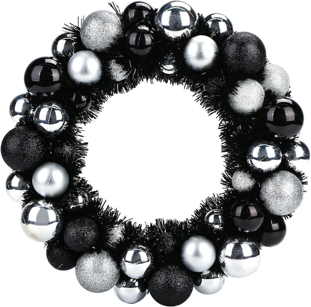 HAKACC Black Christmas Decorations Ball Wreath, 13 Inch Black and Silver Ornament Wreath for Front Door Window Wall Outdoor Party Decor, Gothic Holiday Decor