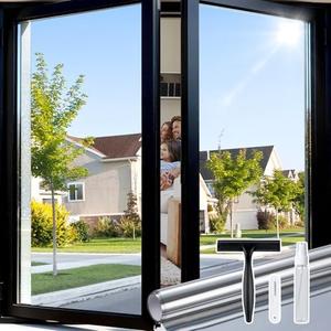 rabbitgoo Window Tint, One Way Privacy Film, Silver, 35.4" x 78.7" | Heat Control, Sun UV Block, See out not in, Reflective Adhesive Tint with 3 Installation Tools, for Home, Office, Door Cover