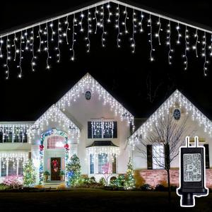 Christmas Outdoor Icicle Lights - 200 LED 21+16 FT 8 Modes Curtain Fairy String Light Plug in, Waterproof for Eaves Yard Holiday Xmas Holiday Indoor Outdoor Decoration - White