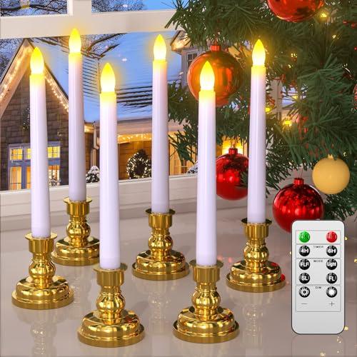 PChero Window Candles with Remote Timer, 6 Packs 7.9" Battery Operated Flameless LED Taper Candles Lights with Removable Gold Candle Holders, Ideal for Thanksgiving Table Christmas Fall Home Decor