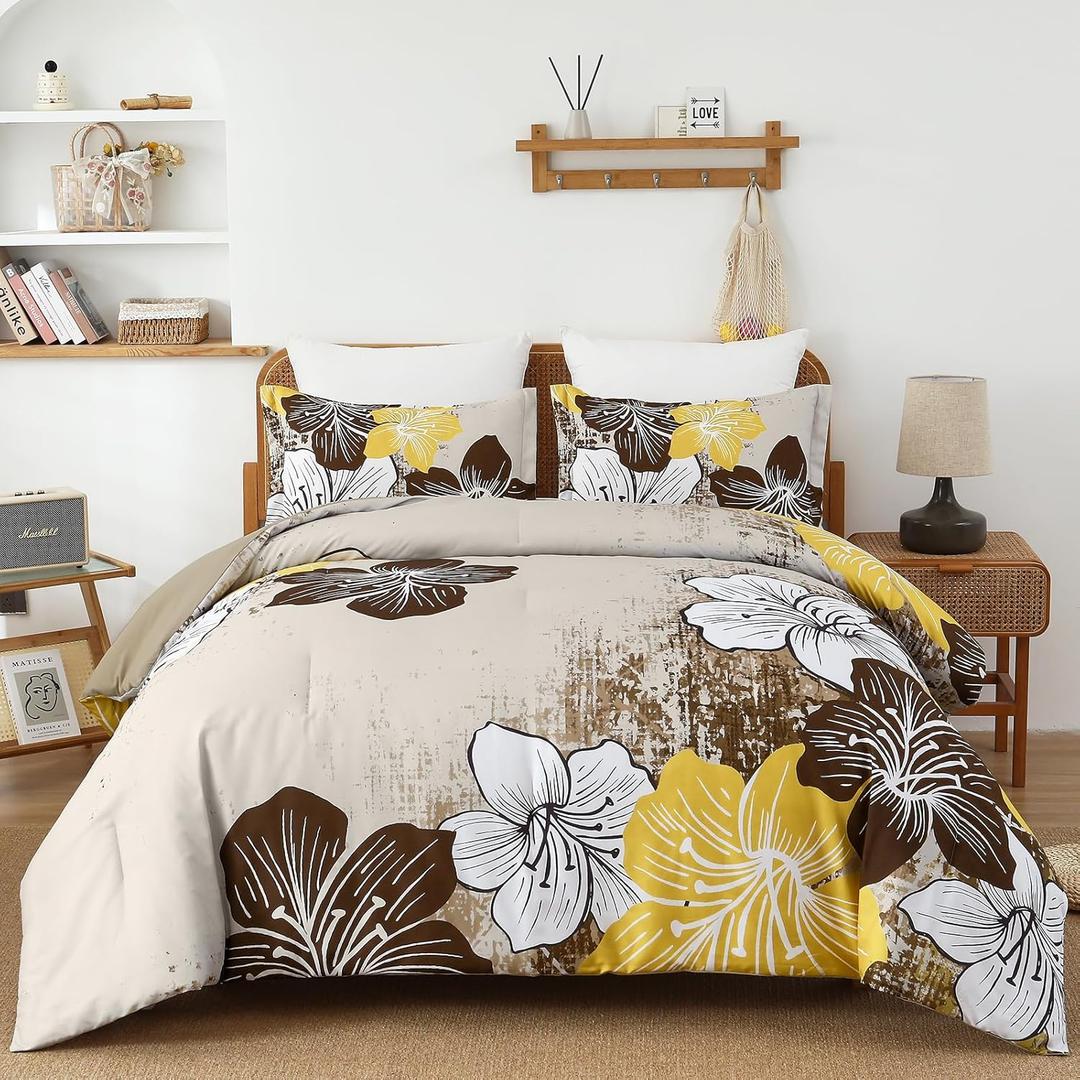 Menghomeus Brown Floral Comforter Set King Ombre Brown Bedding Lightweight Microfiber Bed Comforter for All Season, 3 Piece Flowers Comforter with 2 Pillowcases