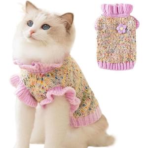 Purple Small Dog Sweater, Knitted Cat Sweater, Holiday Puppy Clothes for Little Dog Girl, Cold Weather Outfit for Kitten Chihuahua Yorkie Teacup Dachshund Pug (Purple, Large)