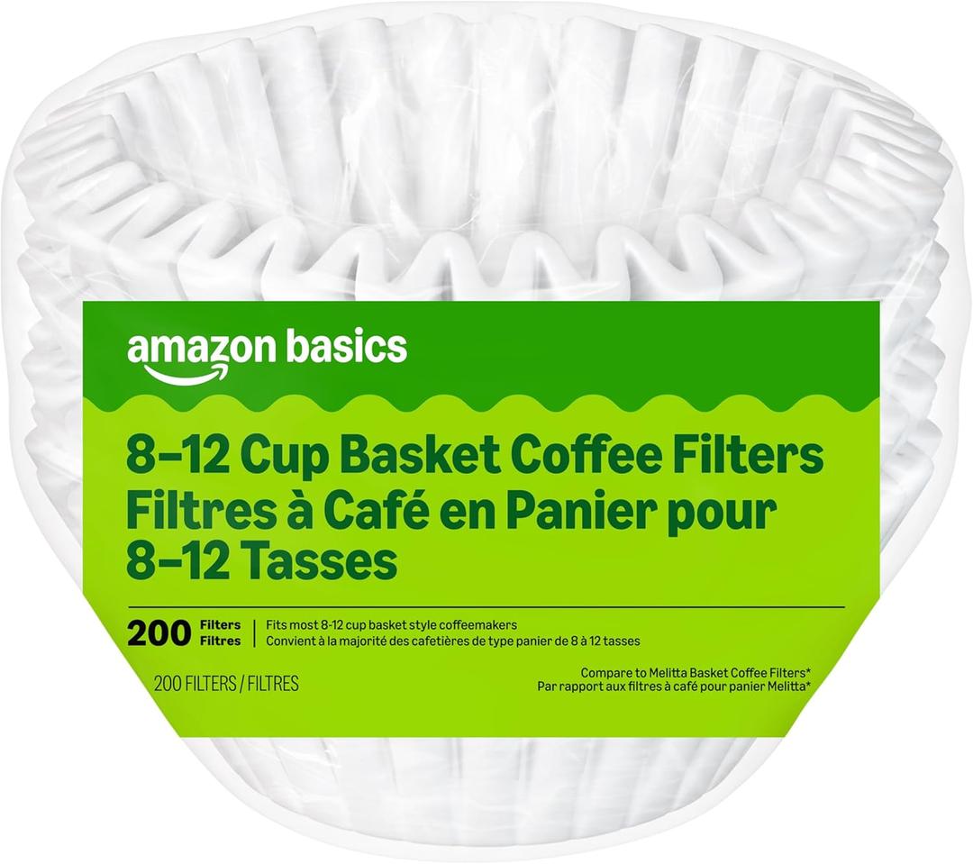 Amazon Basics Basket Coffee Filters for 8-12 Cup Coffee Makers, White, Compostable, 200 Count