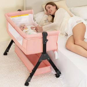 Baby Bassinet Sleeper, Adjustable Baby Crib, Rocking Bassinets Bedside Sleeper, Easy to Fold Portable Crib Side Bassinet with Breathable Mesh and Wheels (Pink)