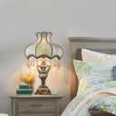 Lovely Table Lamp with Fabric Lampshade, Antique Flower Decorative Bedside Desk Lamp, Crystal Night Light for Bedroom Nightstand, Blue Finish