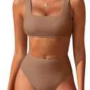 ANRABESS Women Swimsuits Two Piece Bikini Set High Waisted Ribbed Tummy Control Modest Bathing Suits 2025 Beach Swim Wear (Large, Light Brown)