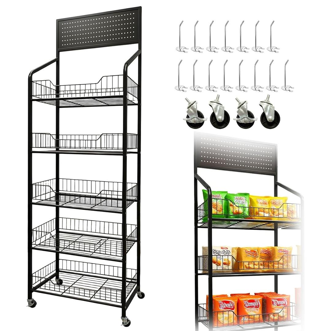 5 Tier Retail Candy Display Rack Metal Storage Shelf with Wheels & 15 Hooks Concession Candy Snack Display Racks Sturdy and Stable Chip Shelf Rack for Stores, Kitchen, Office (5 Tier Black 50cm)