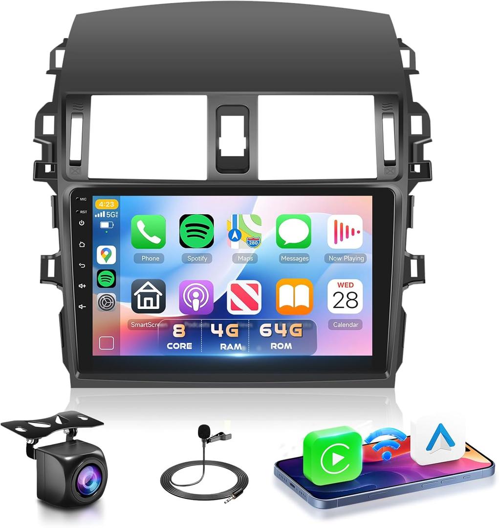 Qualcomm 8Core 4G 64G Radio for Toyota Corolla 2009-2013 Car Stereo, 9" QLED Touch Screen 5.1Bluetooth DSP FM/RDS Wireless CarPlay Android Auto 5Ghz&6Ghz WiFi GPS SWC Backup Camera