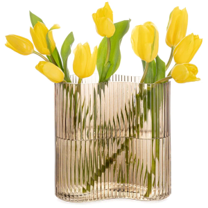 MOLIMAO Glass Vase for Centerpieces,Modern Large Vase for Flowers,Footprint Shape Striped Bottle for Home,Office Restaurant Desk Decor 8.3 Inch(Brown)