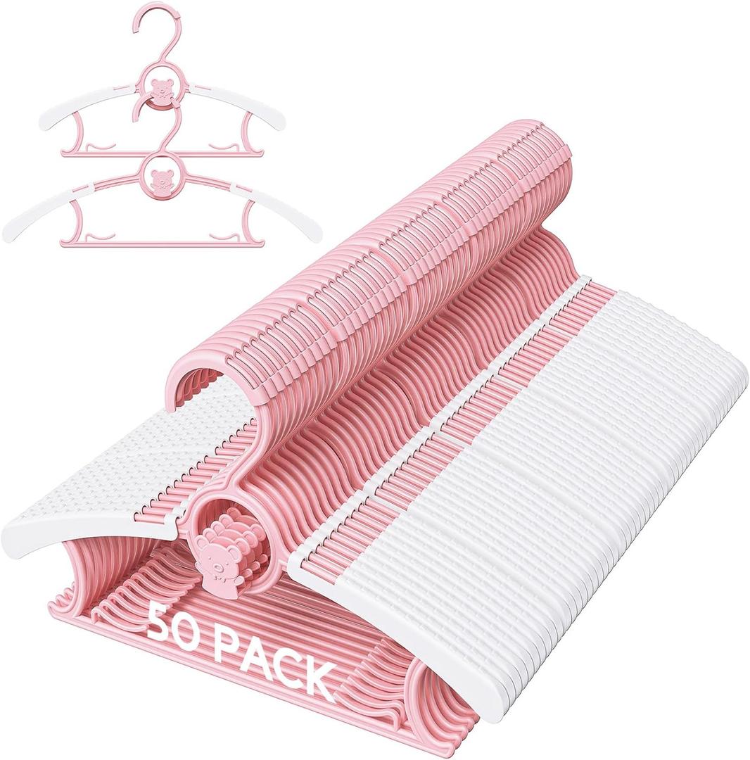 50 Pack Kids Hangers for Nursery Closet, Adjustable Non-Slip Toddler Baby Hangers with Windproof Buckle, 11-14" Infant Child Plastic Clothes Pant Hanger for Boys Girls Newborn Adult, Pink
