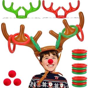 Happy New Years 3 PCS Christmas Games Decorations,18 Pieces Inflatable Reindeer Antler Ring Toss Game for Family Party,Christmas Games for Grandkids Kids Adults Fun Xmas School Carnival Holiday