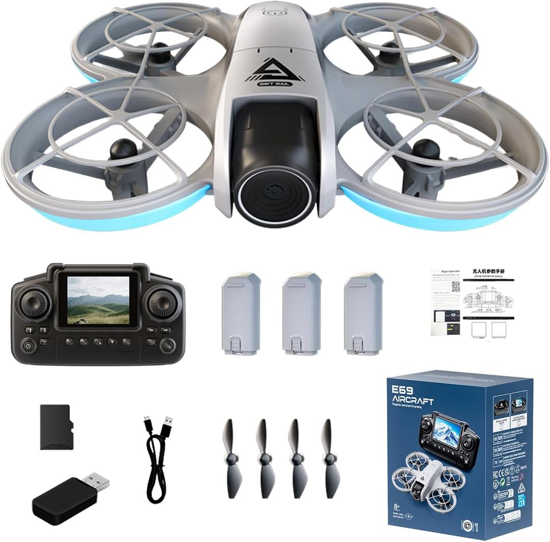 Drone with HD Dual Cameras Full Propeller Safety Protection, Headless Mode One-Key Takeoff/Landing 360° Rolling, Mini Quadcopter with Screen Controller 3 Batteries E69 Drones Gifts for Adult Beginners