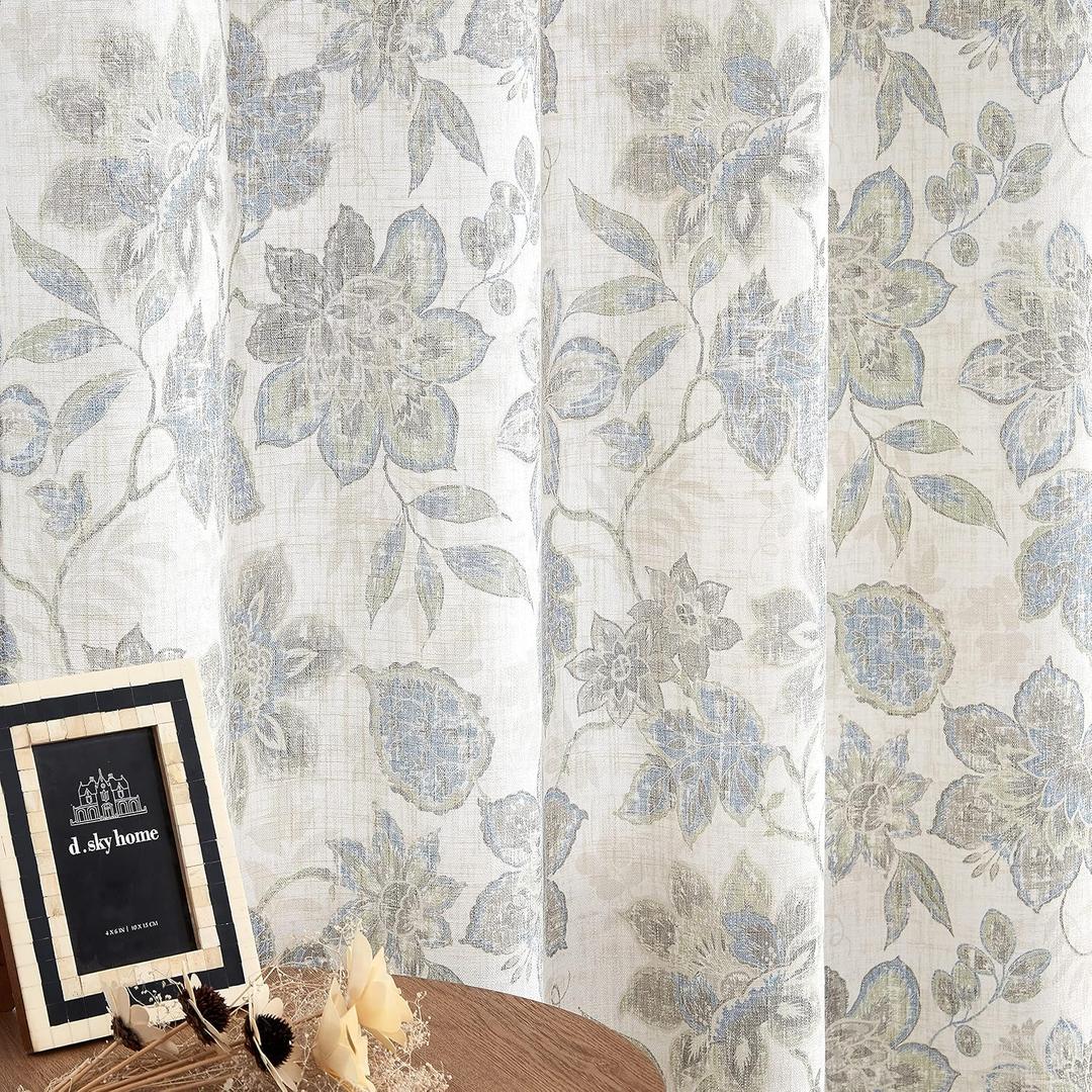 Central Park Floral Botanical Light Filtering Curtain Panel with Green and Blue Leaf for Rustic Farmhouse Linen Texture Grommet Top Window Treatment Drapes for Living Room Bedroom 52"x84", 2 Panels