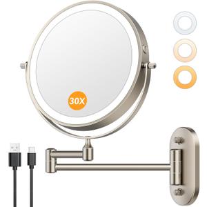 Auxmir 1X/30X Wall Mounted Lighted Makeup Mirror, 8" 3200 mAh Rechargeable Double-Sided Magnifying Mirror, Touch Dimmable 3 Color Lights, 360 Rotating Foldable 14.5" Extension Arm, Brushed Nickel